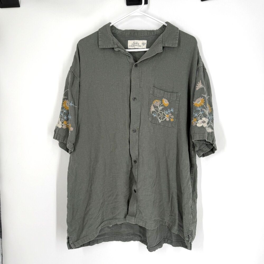 Abercrombie Fitch Summer Linen Blend Camp Shirt Mens XXLT Floral Embroidered